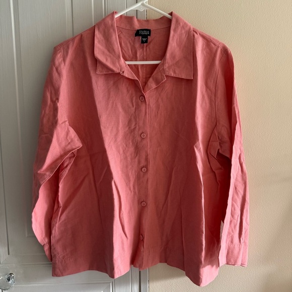 Eileen Fisher 100% Linen Peach Pink Long Sleeve Button Shirt Tunic Top Large - Picture 1 of 8